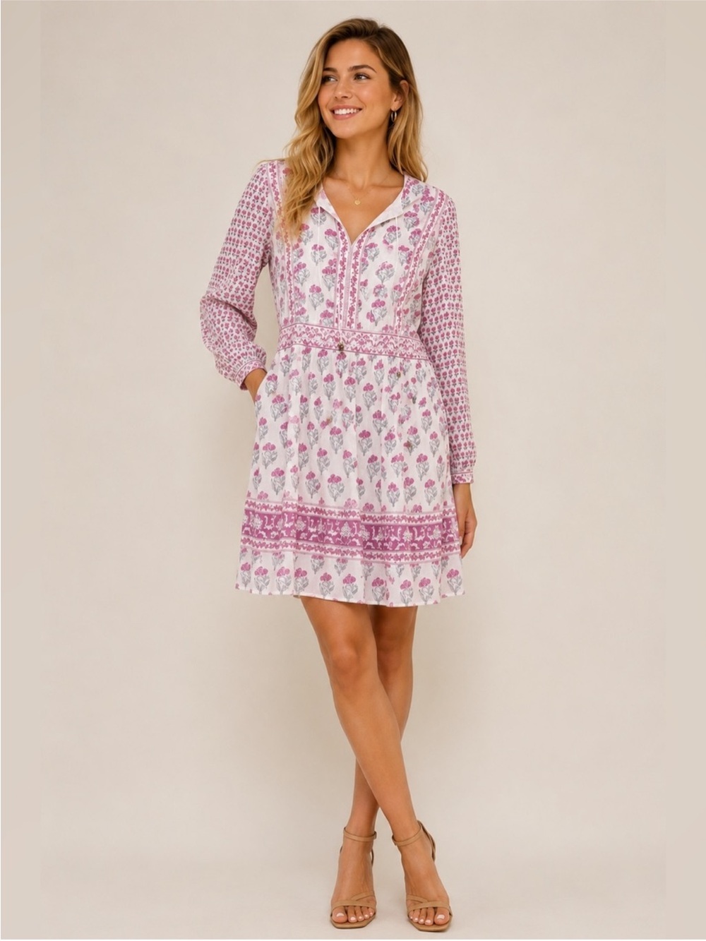 Haute Hippie Dress - Small White Pink Floral Boho Cotton Mini Tassel Block Print